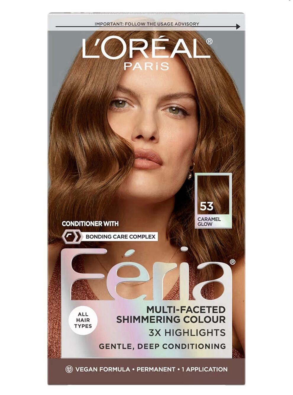 NIB L'OREAL PARIS FERIA SHIMMERING COLOR PERMANENT, CARAMEL GLOW #53